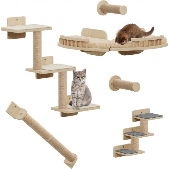 YITAHOME Climbing Wall Cat Set Made of Wood, 5-Piece Sturdy Cat Furniture with Cat House, Cat Bed, Platform, Sisal Column, Cat Suspension Bridge, for Cat Sleeping, Playing, Lounging YITAHOME Climbing Wall Cat Set Made of Wood, 5-Piece Sturdy Cat Furniture with Cat House, Cat Bed, Platform, Sisal Column, Cat Suspension Bridge, for Cat Sleeping, Playing, Lounging