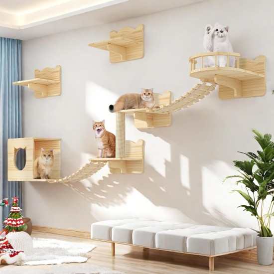YITAHOME Climbing Wall Cat Set Made of Wood, 5-Piece Sturdy Cat Furniture with Cat House, Cat Bed, Platform, Sisal Column, Cat Suspension Bridge, for Cat Sleeping, Playing, Lounging YITAHOME Climbing Wall Cat Set Made of Wood, 5-Piece Sturdy Cat Furniture with Cat House, Cat Bed, Platform, Sisal Column, Cat Suspension Bridge, for Cat Sleeping, Playing, Lounging