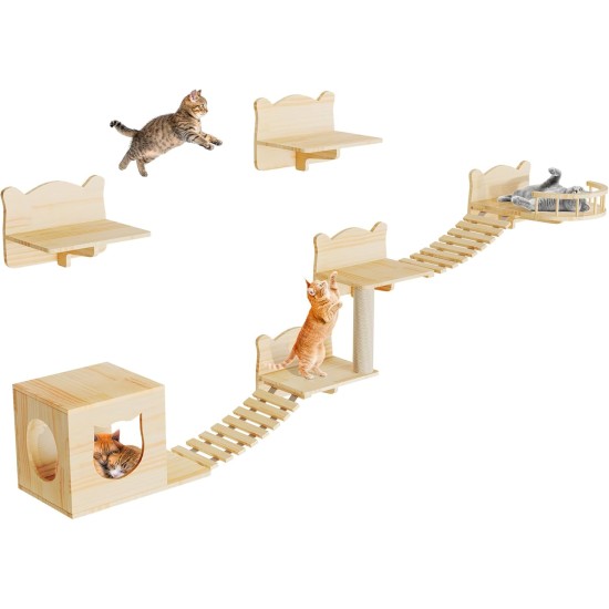 YITAHOME Climbing Wall Cat Set Made of Wood, 5-Piece Sturdy Cat Furniture with Cat House, Cat Bed, Platform, Sisal Column, Cat Suspension Bridge, for Cat Sleeping, Playing, Lounging YITAHOME Climbing Wall Cat Set Made of Wood, 5-Piece Sturdy Cat Furniture with Cat House, Cat Bed, Platform, Sisal Column, Cat Suspension Bridge, for Cat Sleeping, Playing, Lounging