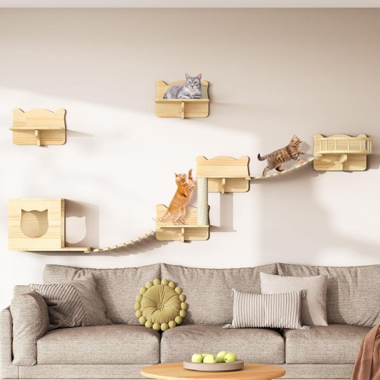 YITAHOME Climbing Wall Cat Set Made of Wood, 5-Piece Sturdy Cat Furniture with Cat House, Cat Bed, Platform, Sisal Column, Cat Suspension Bridge, for Cat Sleeping, Playing, Lounging YITAHOME Climbing Wall Cat Set Made of Wood, 5-Piece Sturdy Cat Furniture with Cat House, Cat Bed, Platform, Sisal Column, Cat Suspension Bridge, for Cat Sleeping, Playing, Lounging