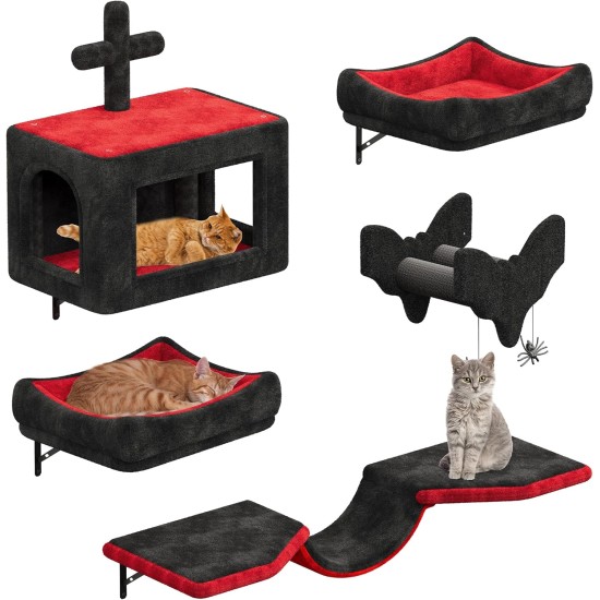 YITAHOME Gothic Climbing Wall Cat Set Made of Flannel, 5-Piece Sturdy Cat Furniture with Cat House, Cat Bed, Cat Hammock, Sisal Column with Spider for Cats, Sleeping, Playing, Lounging YITAHOME Gothic Climbing Wall Cat Set Made of Flannel, 5-Piece Sturdy Cat Furniture with Cat House, Cat Bed, Cat Hammock, Sisal Column with Spider for Cats, Sleeping, Playing, Lounging