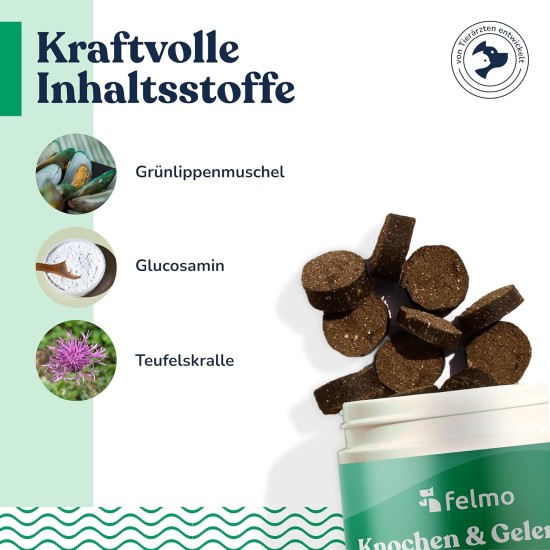 FELMO Bone and joint snacks with approx. 70 treats with green-lipped mussel, glucosamine and brewer's yeast for strengthening your dog's musculoskeletal system - grain and sugar free FELMO Bone and joint snacks with approx. 70 treats with green-lipped mussel, glucosamine and brewer's yeast for strengthening your dog's musculoskeletal system - grain and sugar free