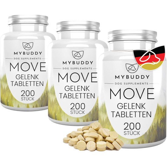 MYBUDDY Move Joint Tablets Dog with Green-Lipped Mussel MSM Devil's Claw Hyaluronic Yeast Glucosamine Curcuma Ginger for All Breeds Dietary Supplement for Dogs Made in Germany MYBUDDY Move Joint Tablets Dog with Green-Lipped Mussel MSM Devil's Claw Hyaluronic Yeast Glucosamine Curcuma Ginger for All Breeds Dietary Supplement for Dogs Made in Germany