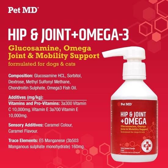 Pet MD Hip & Joint Supplement + Omega 3 for Dogs and Cats Glucosamine Chondroitin Liquid Joint Support Supplement with MSM and Vitamin C 250ml Pet MD Hip & Joint Supplement + Omega 3 for Dogs and Cats Glucosamine Chondroitin Liquid Joint Support Supplement with MSM and Vitamin C 250ml