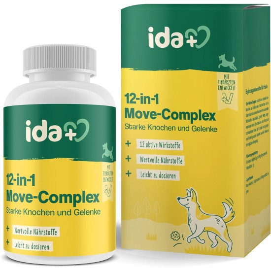 ida+ - 12-in-1 Move Complex Joint Powder for Dogs - Developed with Veterinarians - Green-lipped Mussel, MSM, Omega-3 & Devil's Claw Support Dog Joints - High Acceptance by Dogs - 160 g