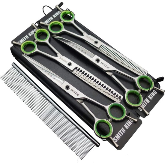 7.0 Inch Professional Dog Grooming Scissors Set Straight & Thinning & Curved & Chunker & Comb 5 Pieces in 1 Set for Left-Handed & Right-Handed Users, Silver Colour