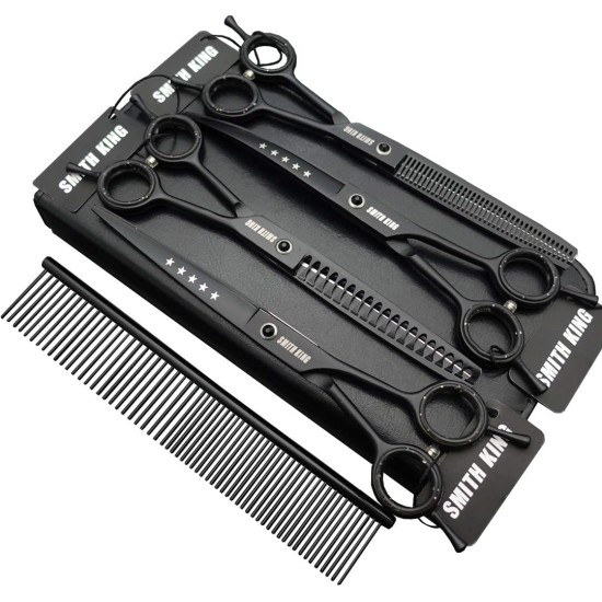 7.0 Inch Professional Dog Grooming Scissors Set Straight & Thinning & Curved & Chunker & Comb 5 Pieces in 1 Set for Left-Handed & Right-Handed Users, Black 7.0 Inch Professional Dog Grooming Scissors Set Straight & Thinning & Curved & Chunker & Comb 5 Pieces in 1 Set for Left-Handed & Right-Handed Users, Black