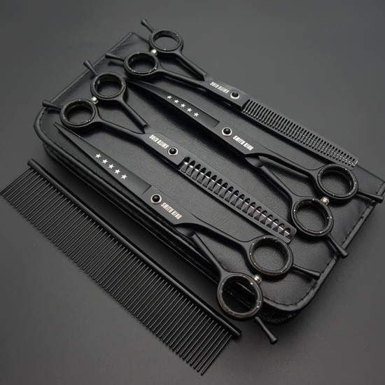 7.0 Inch Professional Dog Grooming Scissors Set Straight & Thinning & Curved & Chunker & Comb 5 Pieces in 1 Set for Left-Handed & Right-Handed Users, Black 7.0 Inch Professional Dog Grooming Scissors Set Straight & Thinning & Curved & Chunker & Comb 5 Pieces in 1 Set for Left-Handed & Right-Handed Users, Black