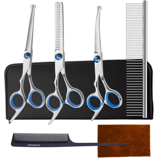 AUSYIWI 7-in-1 Professional Dog Scissors Set, Stainless Steel with Round Safety Tip, Fur Scissors Including Thinning Scissors, Curved, Straight Scissors, Grooming Comb, for Dogs, Cats and Other