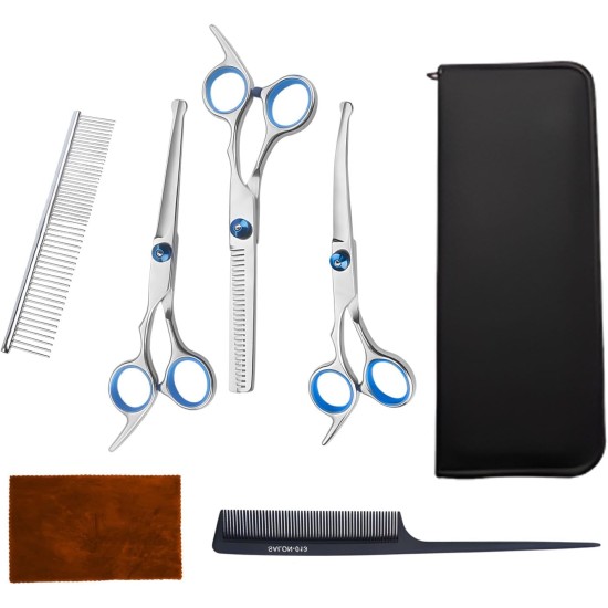 AUSYIWI 7-in-1 Professional Dog Scissors Set, Stainless Steel with Round Safety Tip, Fur Scissors Including Thinning Scissors, Curved, Straight Scissors, Grooming Comb, for Dogs, Cats and Other AUSYIWI 7-in-1 Professional Dog Scissors Set, Stainless Steel with Round Safety Tip, Fur Scissors Including Thinning Scissors, Curved, Straight Scissors, Grooming Comb, for Dogs, Cats and Other