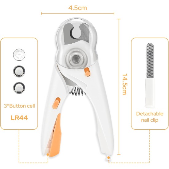 Alyvisun Dog Nail Clippers, Cat Nail Clippers with High LED Lighting, Safety Protection, Nail File and Transparent Splash Guard for Large, Medium, Small Animals (White Orange) Alyvisun Dog Nail Clippers, Cat Nail Clippers with High LED Lighting, Safety Protection, Nail File and Transparent Splash Guard for Large, Medium, Small Animals (White Orange)