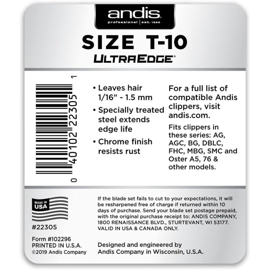 Andis Carbon-Infused Steel UltraEdge Dog Clipper Blade, Size-T-10, 1/6-Inch Cut Length (22305) Andis Carbon-Infused Steel UltraEdge Dog Clipper Blade, Size-T-10, 1/6-Inch Cut Length (22305)