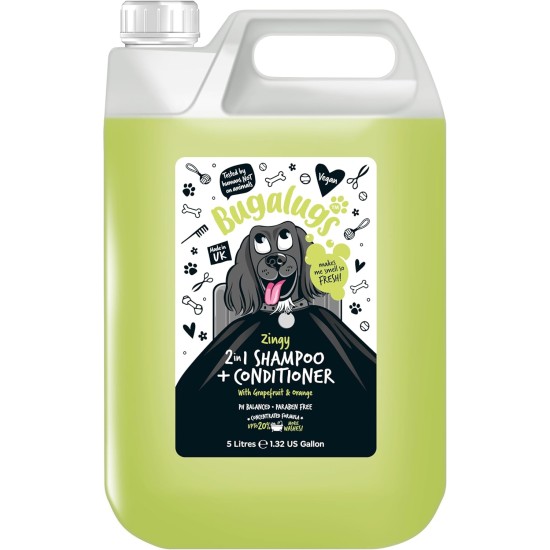 BUGALUGS 2 in 1 Shampoo and Conditioner for Dogs 5L Grapefruit and Orange Citrus Scent Thorough Cleansing and Softness for Sensitive Skin Professional Use Vegan All Types of