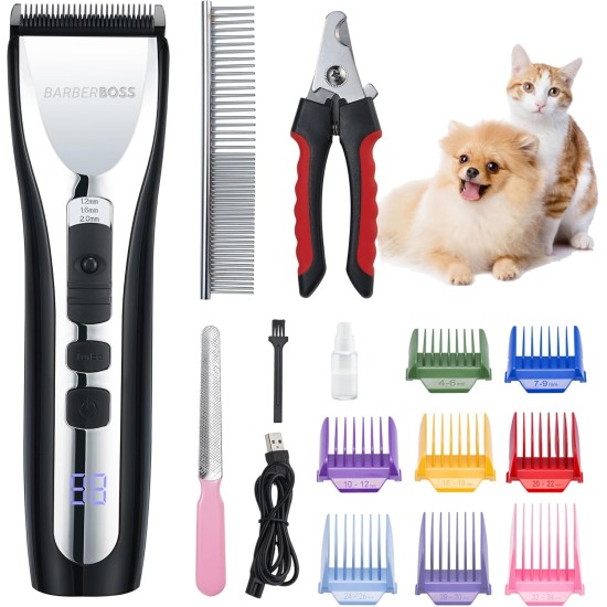 BarberBoss Dog Cutter Professional for Thick Hair, Dog Grooming Kit, Wireless, Cat Scissors for Matted Fur, Pet Scissors, Dog Trimmer for Grooming, Low Noise QR-9086 BarberBoss Dog Cutter Professional for Thick Hair, Dog Grooming Kit, Wireless, Cat Scissors for Matted Fur, Pet Scissors, Dog Trimmer for Grooming, Low Noise QR-9086
