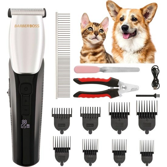 BarberBoss Haustierschermaschine – schlankes Design, 100 % wasserdicht, mehrere Zubehörteile, 8 Kämme, Keramikkopf, LED-Anzeige, Hunde- und Katzentrimmer QR-9083 BarberBoss Haustierschermaschine – schlankes Design, 100 % wasserdicht, mehrere Zubehörteile, 8 Kämme, Keramikkopf, LED-Anzeige, Hunde- und Katzentrimmer QR-9083
