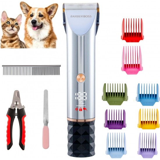 BarberBoss Professional Dog Grooming Set, Dog Clipper Wireless Quiet Clipper for Thick Fur Ceramic Blades 8 Guide Combs Rechargeable with USB Charging LED Display BarberBoss Professional Dog Grooming Set, Dog Clipper Wireless Quiet Clipper for Thick Fur Ceramic Blades 8 Guide Combs Rechargeable with USB Charging LED Display