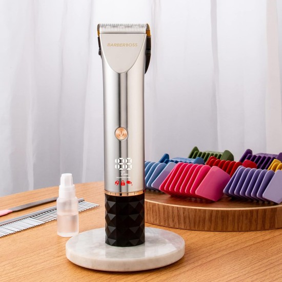 BarberBoss QR-9081 Low Noise Pet Grooming Kit with 2 Speed Levels, Ceramic Blades, USB Charging, LED Display and 8 Comb Attachments BarberBoss QR-9081 Low Noise Pet Grooming Kit with 2 Speed Levels, Ceramic Blades, USB Charging, LED Display and 8 Comb Attachments