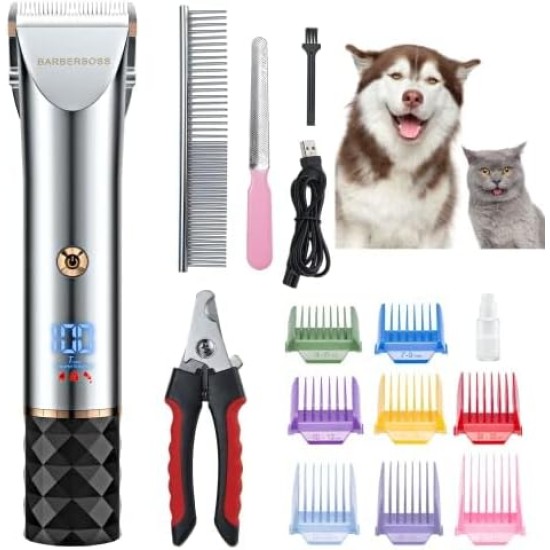 BarberBoss QR-9081 Low Noise Pet Grooming Kit with 2 Speed Levels, Ceramic Blades, USB Charging, LED Display and 8 Comb Attachments BarberBoss QR-9081 Low Noise Pet Grooming Kit with 2 Speed Levels, Ceramic Blades, USB Charging, LED Display and 8 Comb Attachments