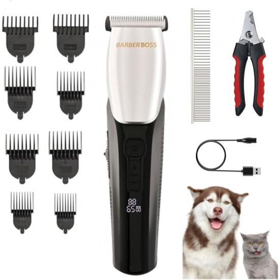 BarberBoss Wireless Pet Grooming Kit, Professional Dog Clipper for Thick Hair, Rechargeable Trimmer for Matted Fur, Dog Grooming Clipper, Low Noise, Waterproof BarberBoss Wireless Pet Grooming Kit, Professional Dog Clipper for Thick Hair, Rechargeable Trimmer for Matted Fur, Dog Grooming Clipper, Low Noise, Waterproof