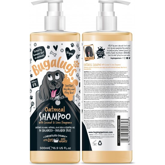 Bugalugs Dog Shampoo 5L Oatmeal & Aloe Vera Moisturizes, Soothes and Cleanses Deep Cleansing, Sulphate and Paraben Free, Ideal for Sensitive Skin and Professional Use Bugalugs Dog Shampoo 5L Oatmeal & Aloe Vera Moisturizes, Soothes and Cleanses Deep Cleansing, Sulphate and Paraben Free, Ideal for Sensitive Skin and Professional Use