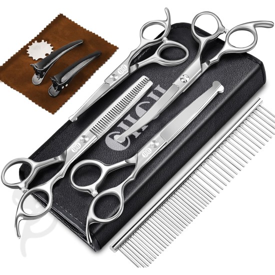 CIICII Dog Scissors, 10-in-1 Professional Grooming Scissors Dog Set with Round Safety Tip (Cat Dog Grooming Thinning Scissors & Curved & Straight Hair Scissors) for Grooming Dog Cat Pet (Silver) CIICII Dog Scissors, 10-in-1 Professional Grooming Scissors Dog Set with Round Safety Tip (Cat Dog Grooming Thinning Scissors & Curved & Straight Hair Scissors) for Grooming Dog Cat Pet (Silver)