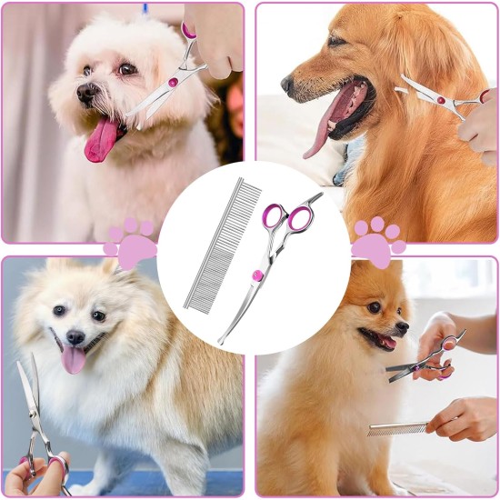 Cinsersr Dog Scissors, Curved Dog Scissors, Thinning Scissors, Dog Grooming Scissors, Dog Scissors, Fur Scissors with a Steel Comb (Pink) Cinsersr Dog Scissors, Curved Dog Scissors, Thinning Scissors, Dog Grooming Scissors, Dog Scissors, Fur Scissors with a Steel Comb (Pink)