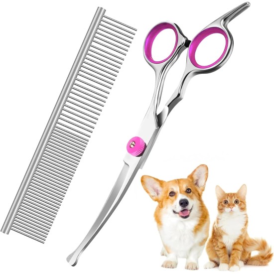 Cinsersr Dog Scissors, Curved Dog Scissors, Thinning Scissors, Dog Grooming Scissors, Dog Scissors, Fur Scissors with a Steel Comb (Pink)