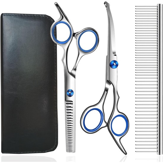 Dog Grooming Scissors, Jiasoval 4-in-1 Dog Grooming Set with Round Safety Tip, Professional Grooming Scissors Set, Hair Cutting Scissors with Steel Comb and Leather Case for Dogs Dog Grooming Scissors, Jiasoval 4-in-1 Dog Grooming Set with Round Safety Tip, Professional Grooming Scissors Set, Hair Cutting Scissors with Steel Comb and Leather Case for Dogs