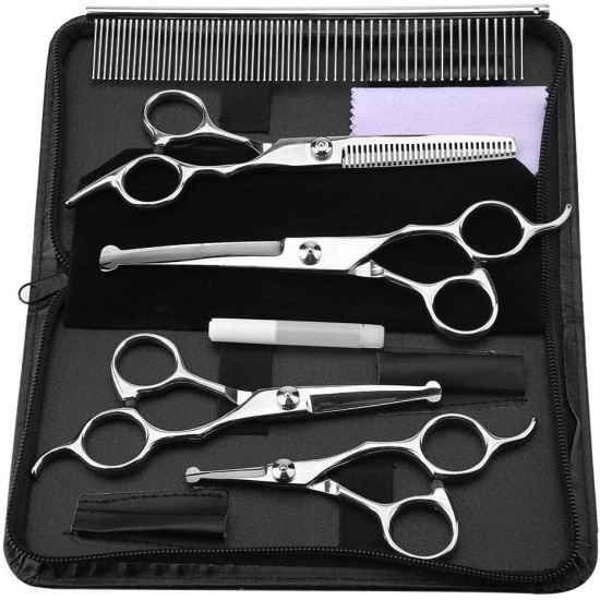 Dog Salon Scissors Set Stainless Steel Safety Round Tip Hairdressing Scissors Haircut Tool Kit Straight Scissors Thinning Scissors Curved Scissors Comb Dog Cat Grooming Trimmer Kit Dog Salon Scissors Set Stainless Steel Safety Round Tip Hairdressing Scissors Haircut Tool Kit Straight Scissors Thinning Scissors Curved Scissors Comb Dog Cat Grooming Trimmer Kit