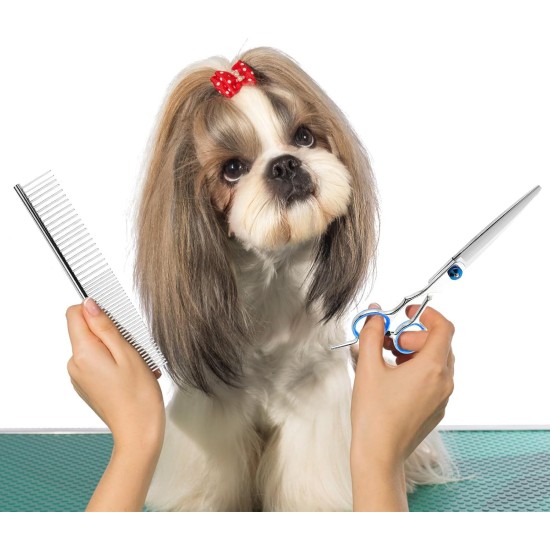 Dog Scissors, 5-in-1 Dog Scissors Set, Dog Shears, Curved, Stainless Steel Dog Grooming Set, with Steel Comb and Leather Case for Dogs, Cats, Pets Dog Scissors, 5-in-1 Dog Scissors Set, Dog Shears, Curved, Stainless Steel Dog Grooming Set, with Steel Comb and Leather Case for Dogs, Cats, Pets