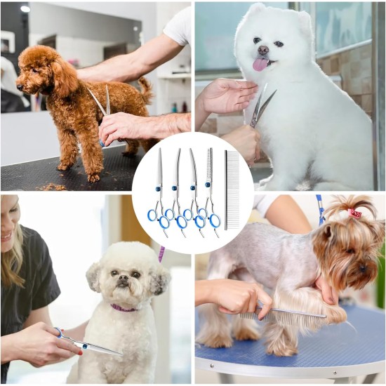 Dog Scissors, 5-in-1 Dog Scissors Set, Dog Shears, Curved, Stainless Steel Dog Grooming Set, with Steel Comb and Leather Case for Dogs, Cats, Pets Dog Scissors, 5-in-1 Dog Scissors Set, Dog Shears, Curved, Stainless Steel Dog Grooming Set, with Steel Comb and Leather Case for Dogs, Cats, Pets