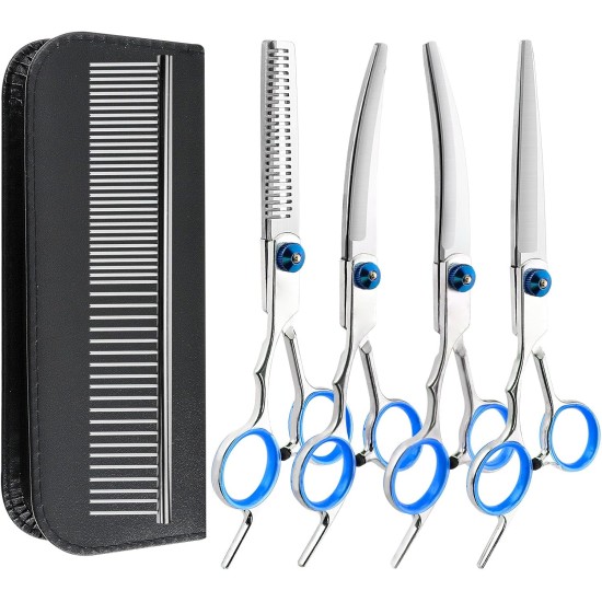 Dog Scissors, 5-in-1 Dog Scissors Set, Dog Shears, Curved, Stainless Steel Dog Grooming Set, with Steel Comb and Leather Case for Dogs, Cats, Pets Dog Scissors, 5-in-1 Dog Scissors Set, Dog Shears, Curved, Stainless Steel Dog Grooming Set, with Steel Comb and Leather Case for Dogs, Cats, Pets