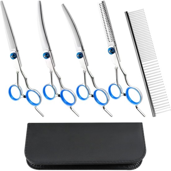 Dog Scissors, 5-in-1 Dog Scissors Set, Dog Shears, Curved, Stainless Steel Dog Grooming Set, with Steel Comb and Leather Case for Dogs, Cats, Pets Dog Scissors, 5-in-1 Dog Scissors Set, Dog Shears, Curved, Stainless Steel Dog Grooming Set, with Steel Comb and Leather Case for Dogs, Cats, Pets