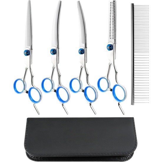 Dog Scissors, 5-in-1 Dog Scissors Set, Dog Shears, Curved, Stainless Steel Dog Grooming Set, with Steel Comb and Leather Case for Dogs, Cats, Pets