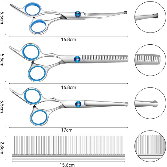 Dog Scissors, 5-in-1 Grooming Scissors for Dogs, 4CR Dog Scissors Set Professional with Round Safety Tip, Stainless Steel Cat Grooming Thinning Scissors, Thinning, Straight Scissors, Curved Scissors Dog Scissors, 5-in-1 Grooming Scissors for Dogs, 4CR Dog Scissors Set Professional with Round Safety Tip, Stainless Steel Cat Grooming Thinning Scissors, Thinning, Straight Scissors, Curved Scissors