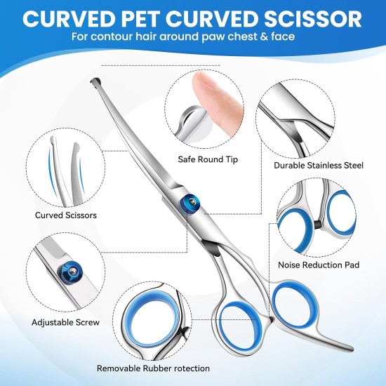 Dog Scissors, 5-in-1 Grooming Scissors for Dogs, 4CR Dog Scissors Set Professional with Round Safety Tip, Stainless Steel Cat Grooming Thinning Scissors, Thinning, Straight Scissors, Curved Scissors Dog Scissors, 5-in-1 Grooming Scissors for Dogs, 4CR Dog Scissors Set Professional with Round Safety Tip, Stainless Steel Cat Grooming Thinning Scissors, Thinning, Straight Scissors, Curved Scissors
