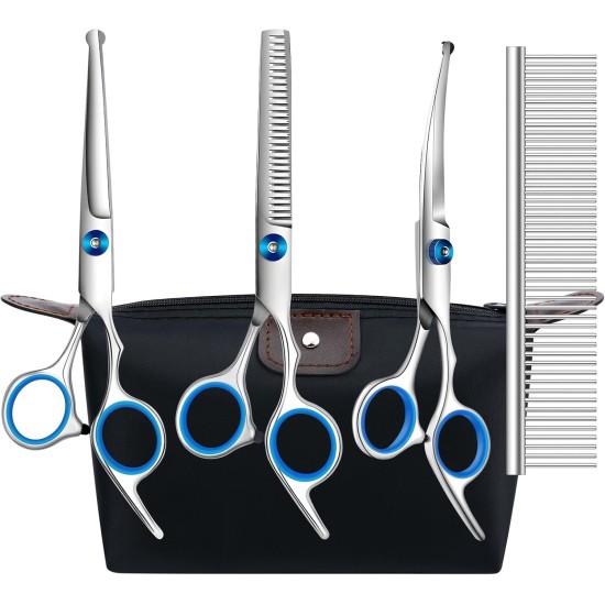 Dog Scissors, 5-in-1 Grooming Scissors for Dogs, 4CR Dog Scissors Set Professional with Round Safety Tip, Stainless Steel Cat Grooming Thinning Scissors, Thinning, Straight Scissors, Curved Scissors