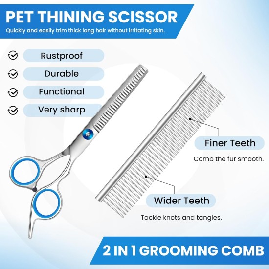 Dog Scissors, 5-in-1 Grooming Scissors for Dogs, 4CR Dog Scissors Set Professional with Round Safety Tip, Stainless Steel Cat Grooming Thinning Scissors, Thinning, Straight Scissors, Curved Scissors Dog Scissors, 5-in-1 Grooming Scissors for Dogs, 4CR Dog Scissors Set Professional with Round Safety Tip, Stainless Steel Cat Grooming Thinning Scissors, Thinning, Straight Scissors, Curved Scissors
