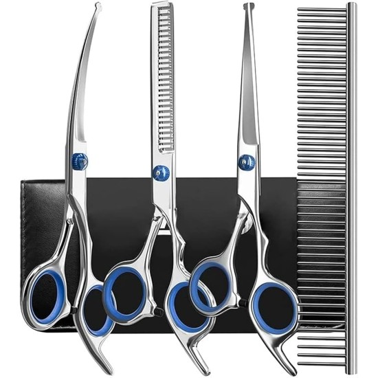 Dog Scissors 6 Inch Professional Dog Scissors Dog Grooming Set Made of Stainless Steel with Round Safety Tip, 5-in-1 Pet Scissors for Dog Hair Including Thinning, Straight, Curved Scissors Dog Scissors 6 Inch Professional Dog Scissors Dog Grooming Set Made of Stainless Steel with Round Safety Tip, 5-in-1 Pet Scissors for Dog Hair Including Thinning, Straight, Curved Scissors