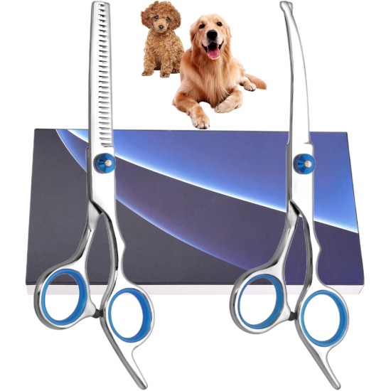 Dog Scissors, Curved Scissors, Dog Fur Scissors for Dogs, Dogs and Cats, Safety Round Tip Grooming Scissors, Stainless Steel Fur Scissors for Dogs and Cats (Scissors Set)