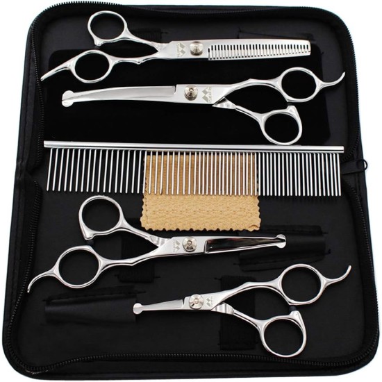 Dog Scissors with Round Tip, 5 in 1 Dog Scissors Set, Stainless Steel Cat Grooming Scissors, Dog Scissors Set for Full Body, Face, Nose and Ear Dog Scissors with Round Tip, 5 in 1 Dog Scissors Set, Stainless Steel Cat Grooming Scissors, Dog Scissors Set for Full Body, Face, Nose and Ear