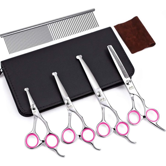 Dog Scissors with Round Tip, 5-in-1 Dog Scissors Set, Stainless Steel Cat Grooming Scissors, Fur Scissors Dogs for Full Body, Face, Nose, Ear (Pink) Dog Scissors with Round Tip, 5-in-1 Dog Scissors Set, Stainless Steel Cat Grooming Scissors, Fur Scissors Dogs for Full Body, Face, Nose, Ear (Pink)