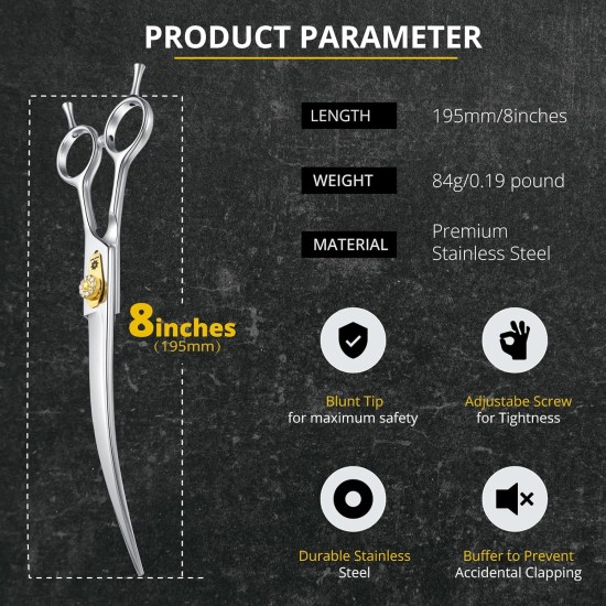 Dream Reach 8 Inch Dog Scissors Curved Fur Scissors - Dog Scissors with Ergonomic Handle, 440C Stainless Steel Fur Scissors for Dogs Cats Cutting, Professional Dog Hair Scissors with Adjustable Screw Dream Reach 8 Inch Dog Scissors Curved Fur Scissors - Dog Scissors with Ergonomic Handle, 440C Stainless Steel Fur Scissors for Dogs Cats Cutting, Professional Dog Hair Scissors with Adjustable Screw