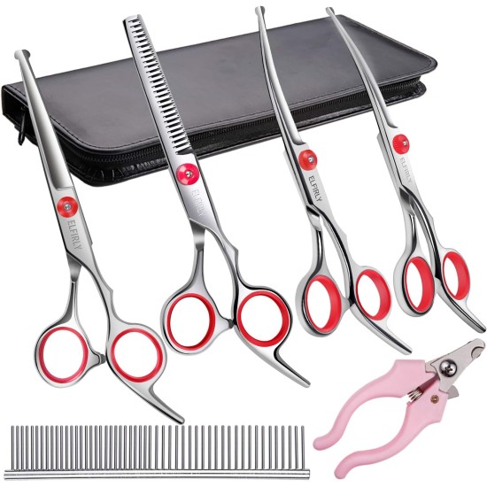 Elfirly Professional Dog Grooming Scissors Kit Stainless Steel Round Tip Cutting Thinning Curved Scissors Comb Pet Hair Trimming Scissors Set with Extra Dog Nail Clippers for Dogs and Cats Elfirly Professional Dog Grooming Scissors Kit Stainless Steel Round Tip Cutting Thinning Curved Scissors Comb Pet Hair Trimming Scissors Set with Extra Dog Nail Clippers for Dogs and Cats