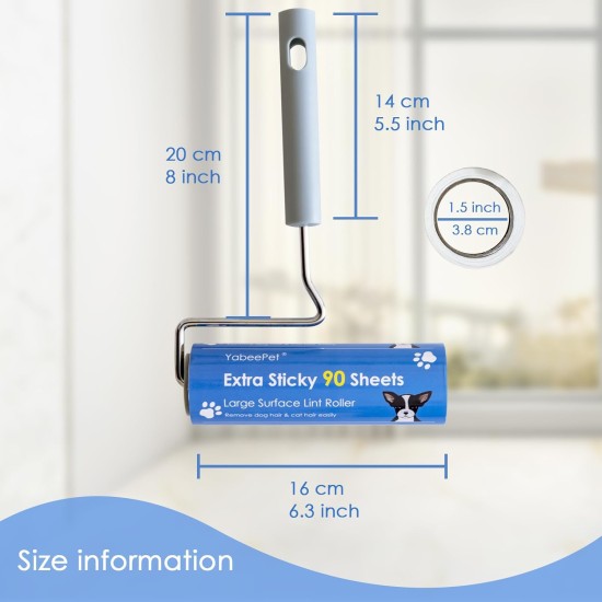 Extremely Sticky Lint Roller for Pet Hair Removal - Large Area 90 Sheets per Roll, 16cm Width, Pack of 1 Roll and 2 Refills Extremely Sticky Lint Roller for Pet Hair Removal - Large Area 90 Sheets per Roll, 16cm Width, Pack of 1 Roll and 2 Refills