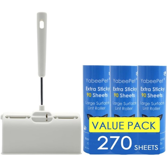 Extremely Sticky Lint Roller for Pet Hair Removal - Large Area 90 Sheets per Roll, 16cm Width, Pack of 1 Roll and 2 Refills Extremely Sticky Lint Roller for Pet Hair Removal - Large Area 90 Sheets per Roll, 16cm Width, Pack of 1 Roll and 2 Refills