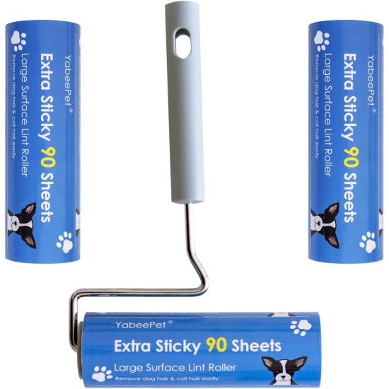 Extremely Sticky Lint Roller for Pet Hair Removal - Large Area 90 Sheets per Roll, 16cm Width, Pack of 1 Roll and 2 Refills