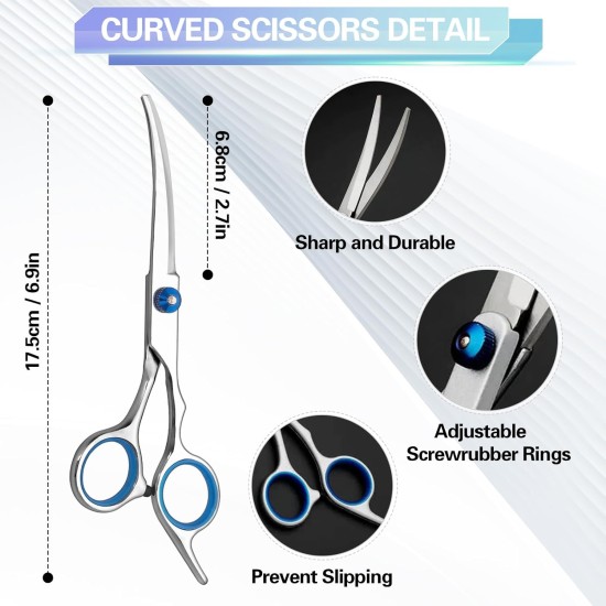 FINEASY Dog Scissors Set, Curved Dog Scissors, Fur Scissors for Dogs and Cats, Including Thinning Scissors, Curved Scissors, Grooming Comb, Stainless Steel Fur Scissors for Dogs and Cats (Blue) FINEASY Dog Scissors Set, Curved Dog Scissors, Fur Scissors for Dogs and Cats, Including Thinning Scissors, Curved Scissors, Grooming Comb, Stainless Steel Fur Scissors for Dogs and Cats (Blue)