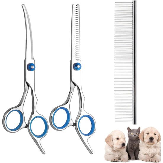 FINEASY Dog Scissors Set, Curved Dog Scissors, Fur Scissors for Dogs and Cats, Including Thinning Scissors, Curved Scissors, Grooming Comb, Stainless Steel Fur Scissors for Dogs and Cats (Blue)