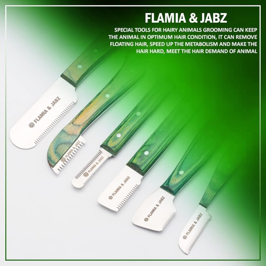 FLAMIA & JABZ FJ Professional Wire Stripping Knife Set (6 Piece Set) for Dogs and Pets Wooden Handle with Stainless Steel Blade (Right-Handed Use)(Green) FLAMIA & JABZ FJ Professional Wire Stripping Knife Set (6 Piece Set) for Dogs and Pets Wooden Handle with Stainless Steel Blade (Right-Handed Use)(Green)